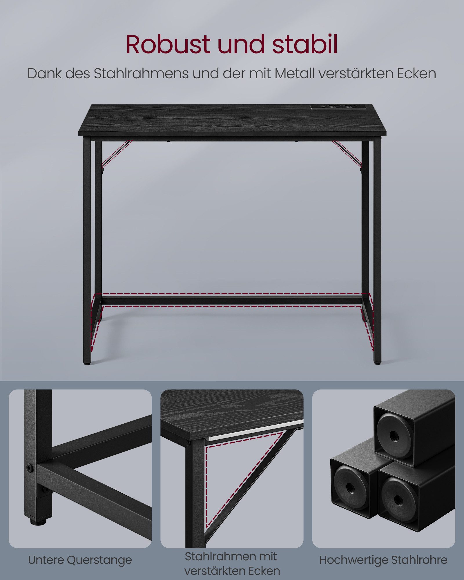 VASAGLE Bureau, speeltafel met LED-verlichting, stopcontacten, 50x100x76cm
