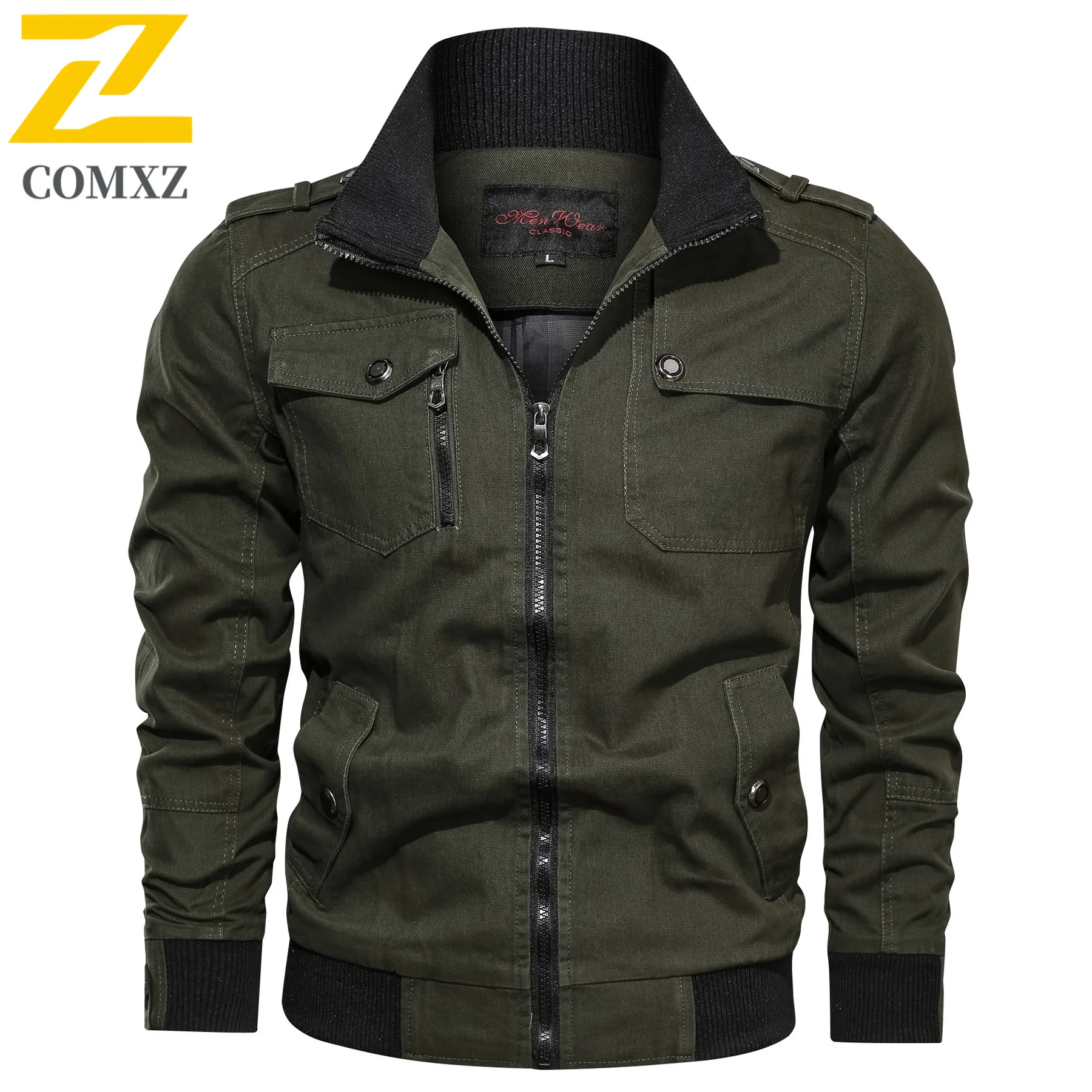 Chaqueta de algodón con cremallera completa de Color sólido para hombre, abrigo ligero de otoño de talla grande con cuello levantado, ropa de abrigo informal con múltiples bolsillos