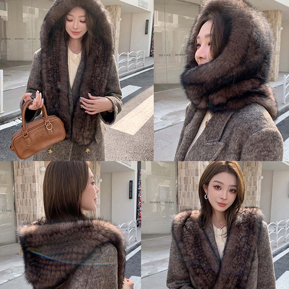 Integrated Hat Scarf Thermal Premium Double Sided Plush Ear Protector Hat Fox Fur Snow Cap Scarf Hat