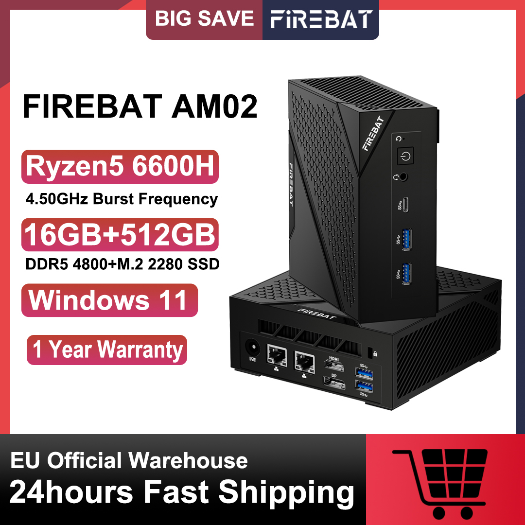 Firebat am02 mini pc und ryzen 5 6600h 16gb ddr5 ram 512gb ssd wifi6 bt 5,2 für arbeits spiele tragbarer desktop-MINI-PC computer