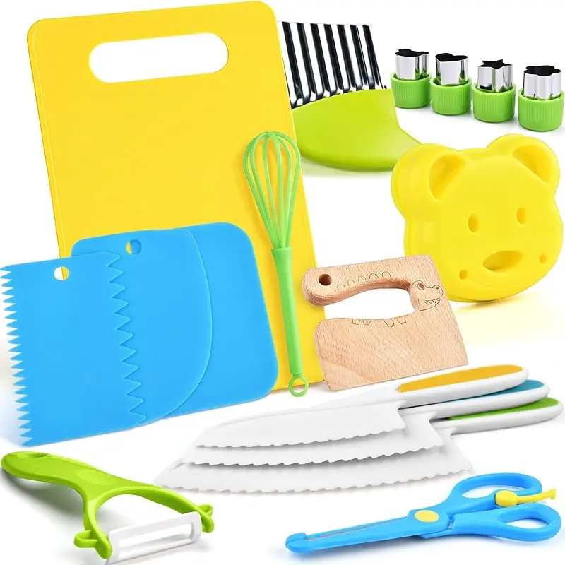 Juego de utensilios de cocina Montessori para niños, utensilios de cocina, juguete para hornear, cuchillos seguros con tabla de cortar, accesorios de cocina reales, 11/17 Uds.