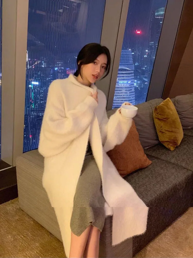 Suéter de mujer Cárdigan esponjoso blanco para mujer Prendas de punto de manga larga Ropa de invierno Punto de terciopelo de visón de imitación