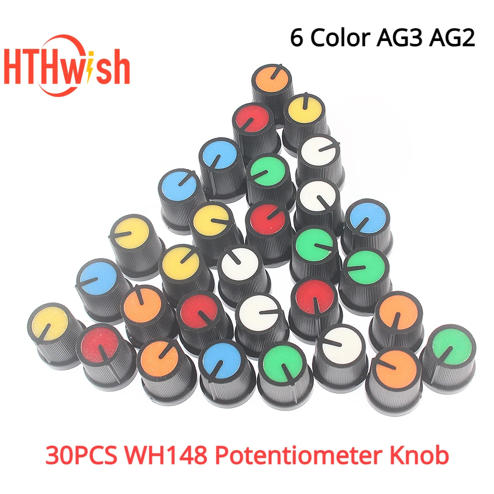 30PCS WH148 Potentiometer Knob 6 Color AG3 AG2 Rotary Switch Knobs Assorted Set,DIY Light Dimmers, Volume Control Knob Cap Kit