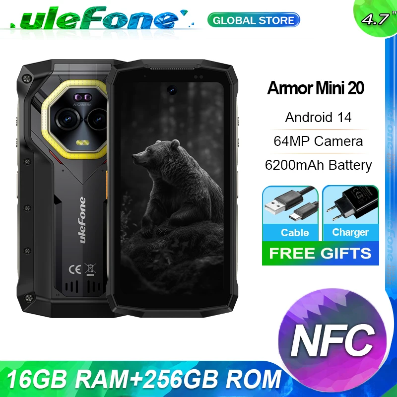 Ulefone Armor mini 20 4G 4.7" Display Telefono robusto 64MP Fotocamera notturna Luce LED versatile Smartphone Android 14 6200mAh 16GBRAM（8+8）256GB ROM 33W