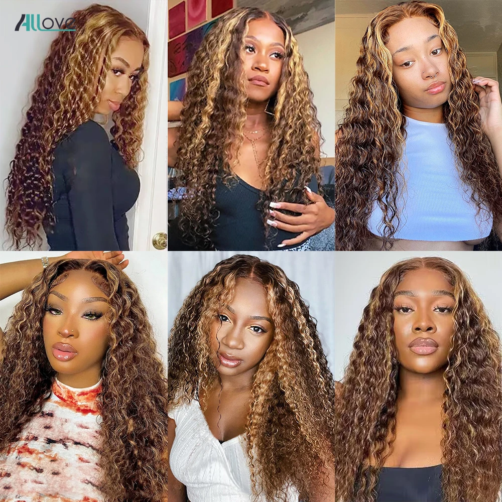 Allove-Deep Wave Pacotes de cabelo humano com fecho, mel cabelo remy marrom, laço transparente, destaque, Ombre, 4x4