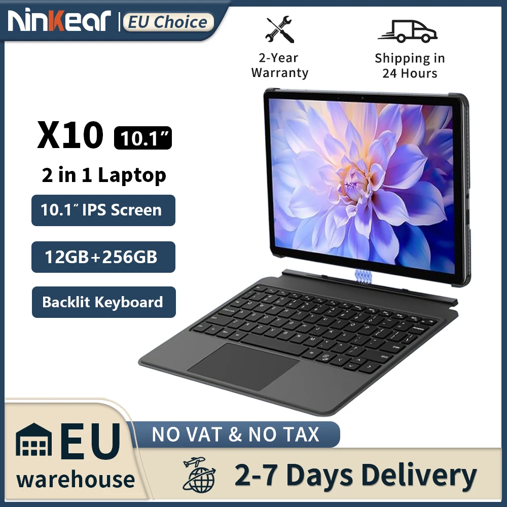 Laptop Ninkear X10 2 in 1, IPS Intel Core da 10,1 pollici m3-8100Y 12 GB di RAM, SSD da 256 GB, tastiera retroilluminata magnetica Windows 11 Pogo Pin