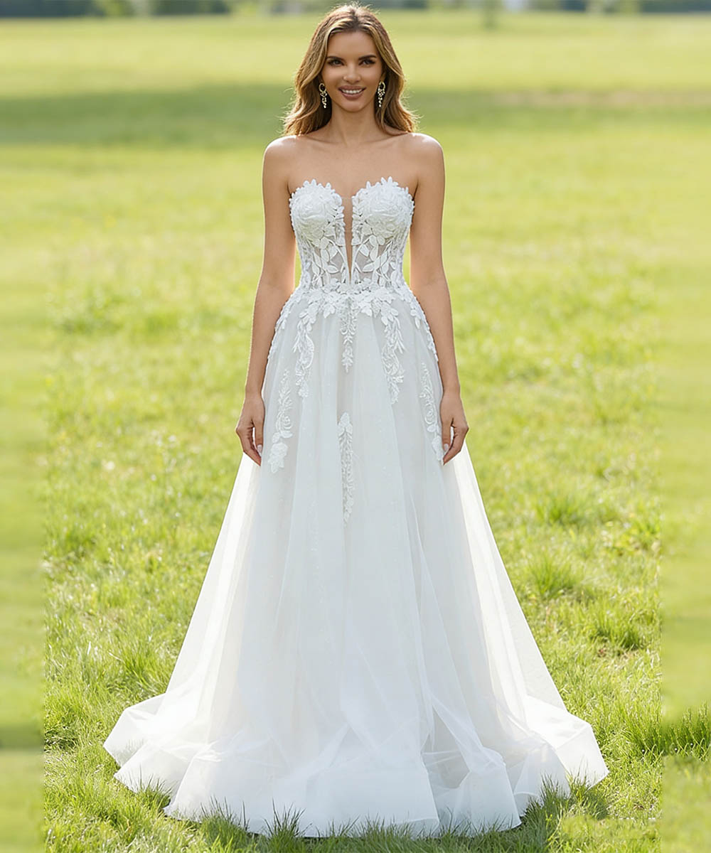 Popular Strapless V-neck 3D Flower Lace Applique A Line Wedding Dresses Sweep Train Custom Made 2025 Vestido De Noival