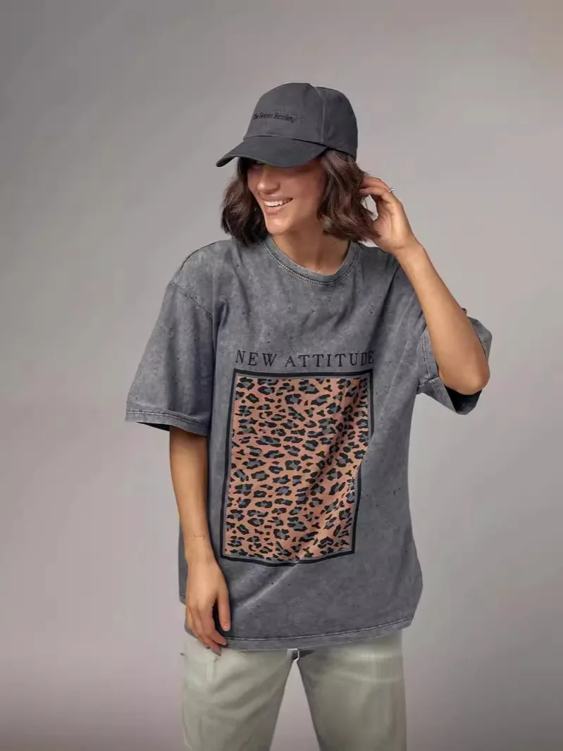 Haut mi-long à manches courtes pour femmes, coton gris, motif léopard, mode, nouveau