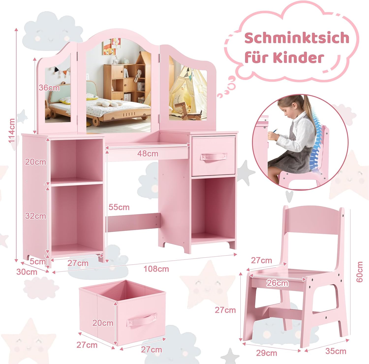 Children's Dressing Table Set,Kids Vanity Table Set,Girls Makeup Dressing Desk Chair,with Removable Mirror,Pink