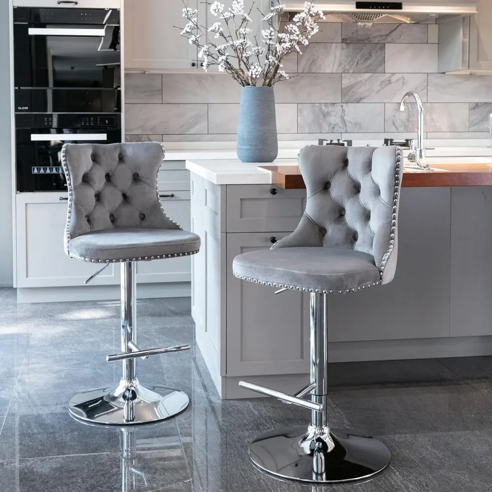 Velvet Swivel Bar Stools Upholstered Bar Stool with Button Tufted Back and Pull Ring Height Adjustable Barstools  for Home Pub