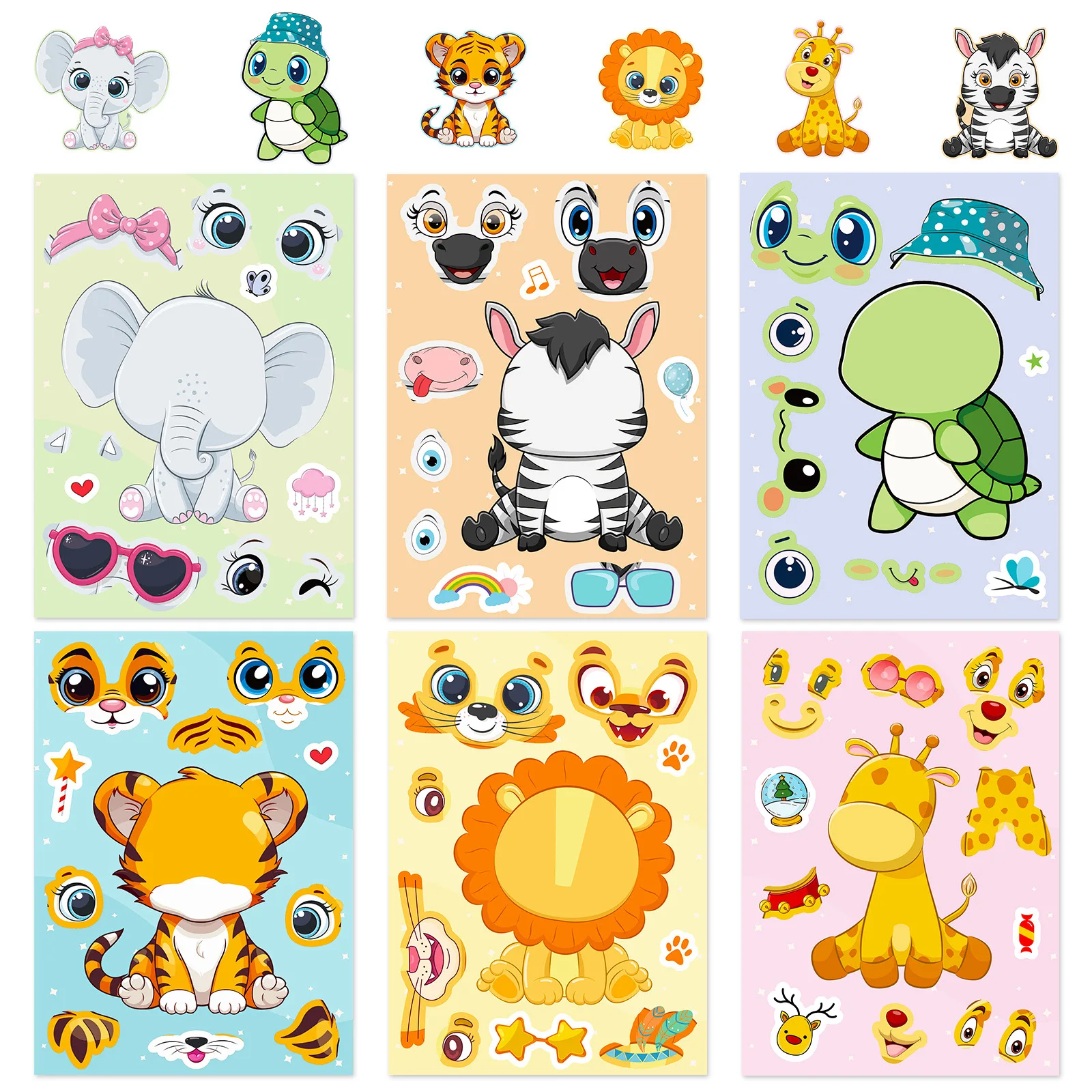 6 uds pegatinas de cara de animal que cambian de dibujos animados lindo animal pequeño jirafa tortuga tigre DIY pegatinas colgantes de cara juguetes para niños