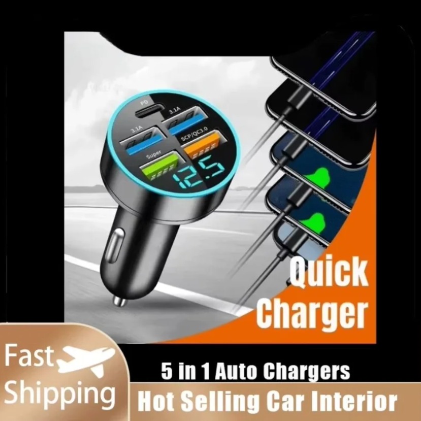 5 poorten snel opladen PD QC3.0 USB C 250 W LED-autolader Autotelefoonoplader Type C Adapter in auto voor iPhone Samsung Huawei Xiaomi