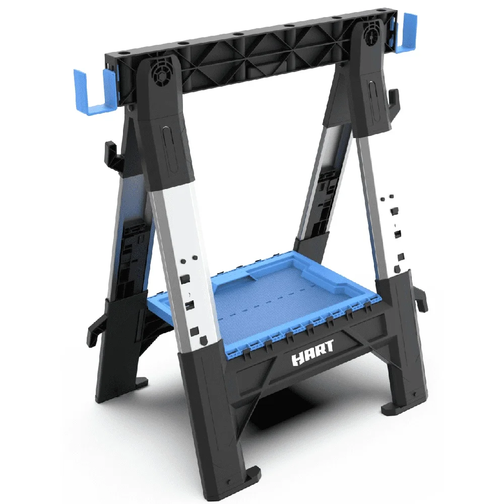 Heavy-Duty Folding Sawhorse Adjustable Height Portable Work Support Non-Slip Rubber Feet Built-In Tool Tray Contractors
