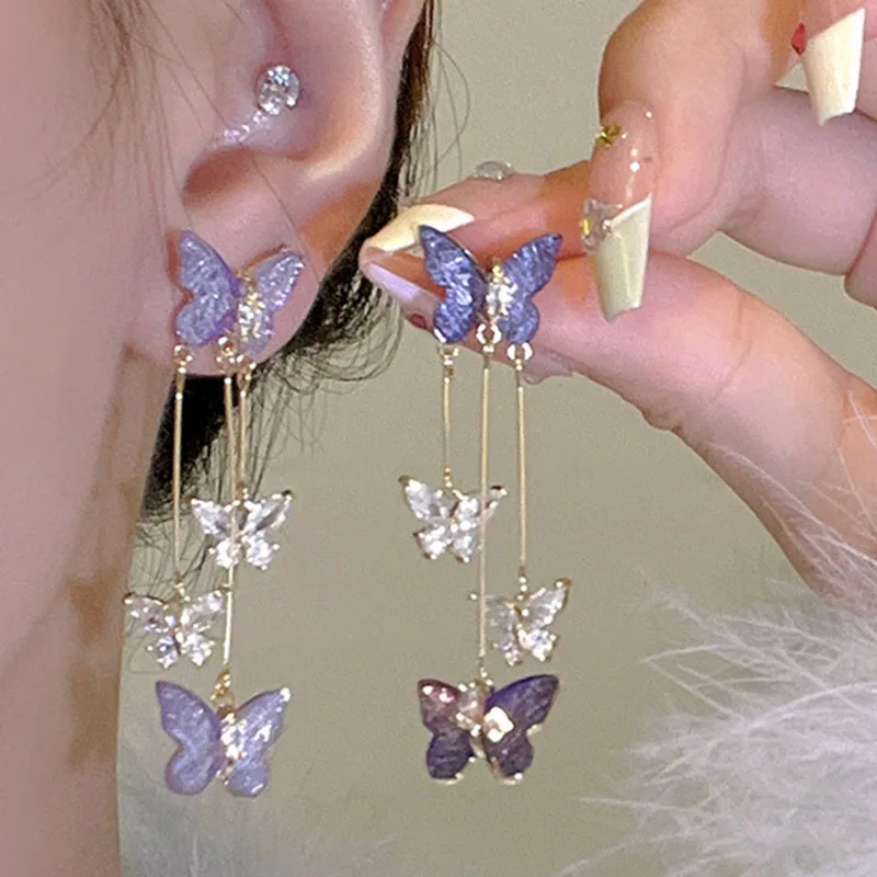 925 Zilveren Naald Paars Vlinder Lange Kwast Oorbellen Voor Vrouwen Sieraden 2024 Trending Koreaanse Mode Luxe Kristal Oorbellen