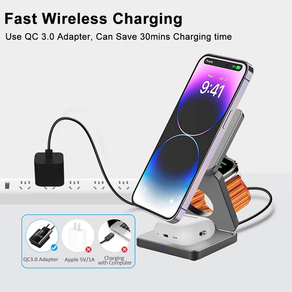 ワイヤレス充電器 3 in 1 折りたたみ式磁気ワイヤレス充電ステーション iPhone 15 14 13 12 Pro Max Apple Watch 8 9 充電器用