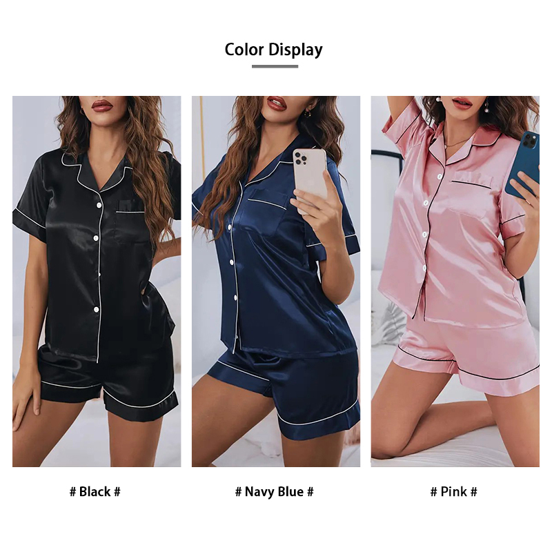 Piżama damska z satyny jedwabnej Dwuczęściowe zestawy piżam Bielizna nocna Bielizna nocna Zapinana na guziki piżama damska 2-częściowa Pijama Homewear Zestaw szortów