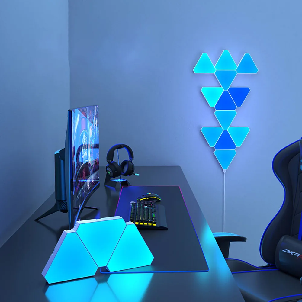 Led triangular quantum lâmpada de parede rgb captador inteligente ritmo luz fundo para o quarto cabeceira luz da noite decoração do escritório