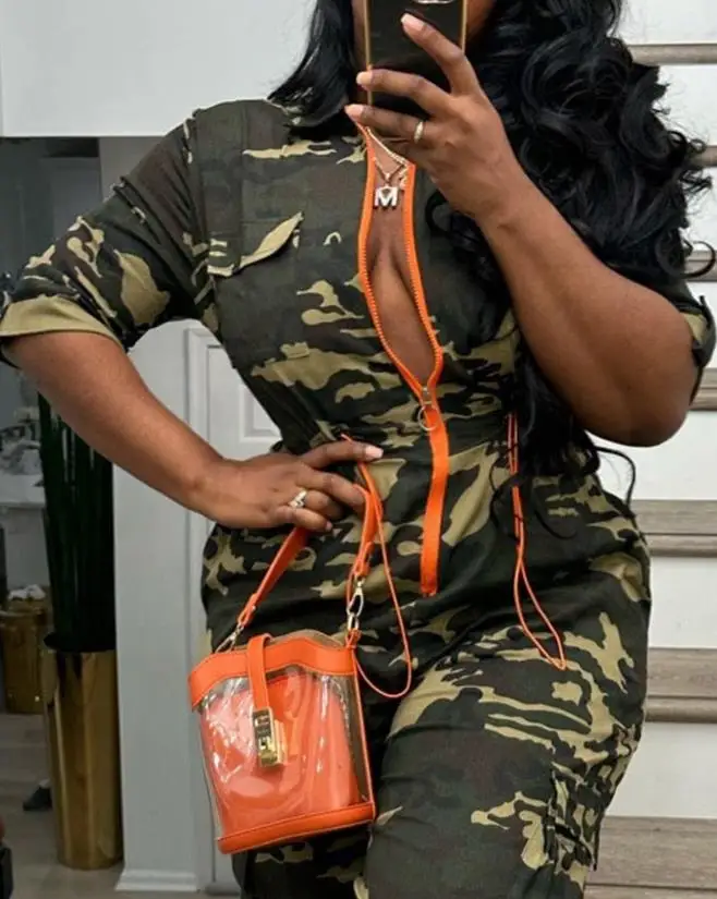 Monos de moda para mujer, mono informal de una pieza con estampado de camuflaje y bolsillo con cremallera, ropa de calle Y2K, verano 2025