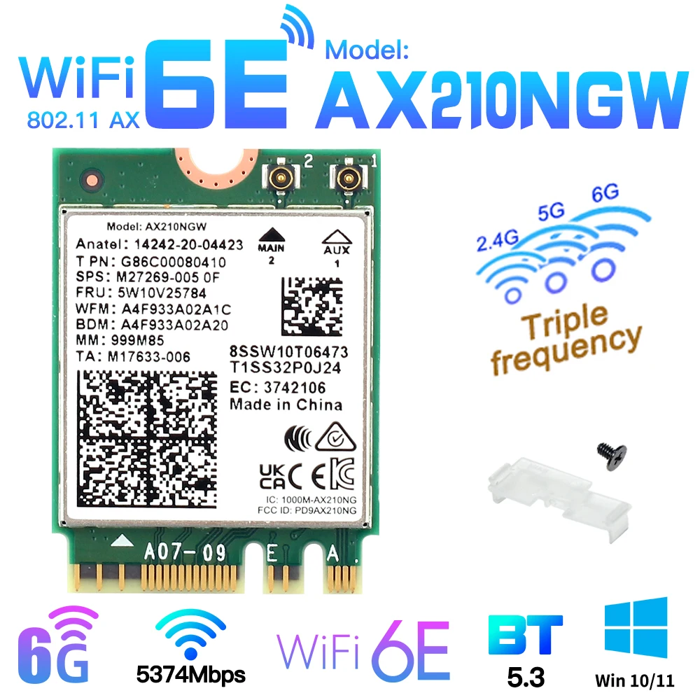 Трехдиапазонная Wi-Fi 6E AX210 M.2 NGFF 5374Mbps беспроводная сетевая карта для Intel AX210NGW 2,4G/5G/6Ghz 802.11ax Bluetooth5.3 Win 10/11
