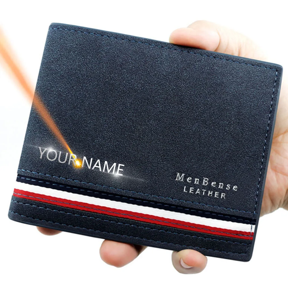 Carteras cortas para hombre, monedero con cremallera, tarjetero delgado con nombre grabado, monederos masculinos de lujo, billetera de cuero PU de alta calidad para hombre