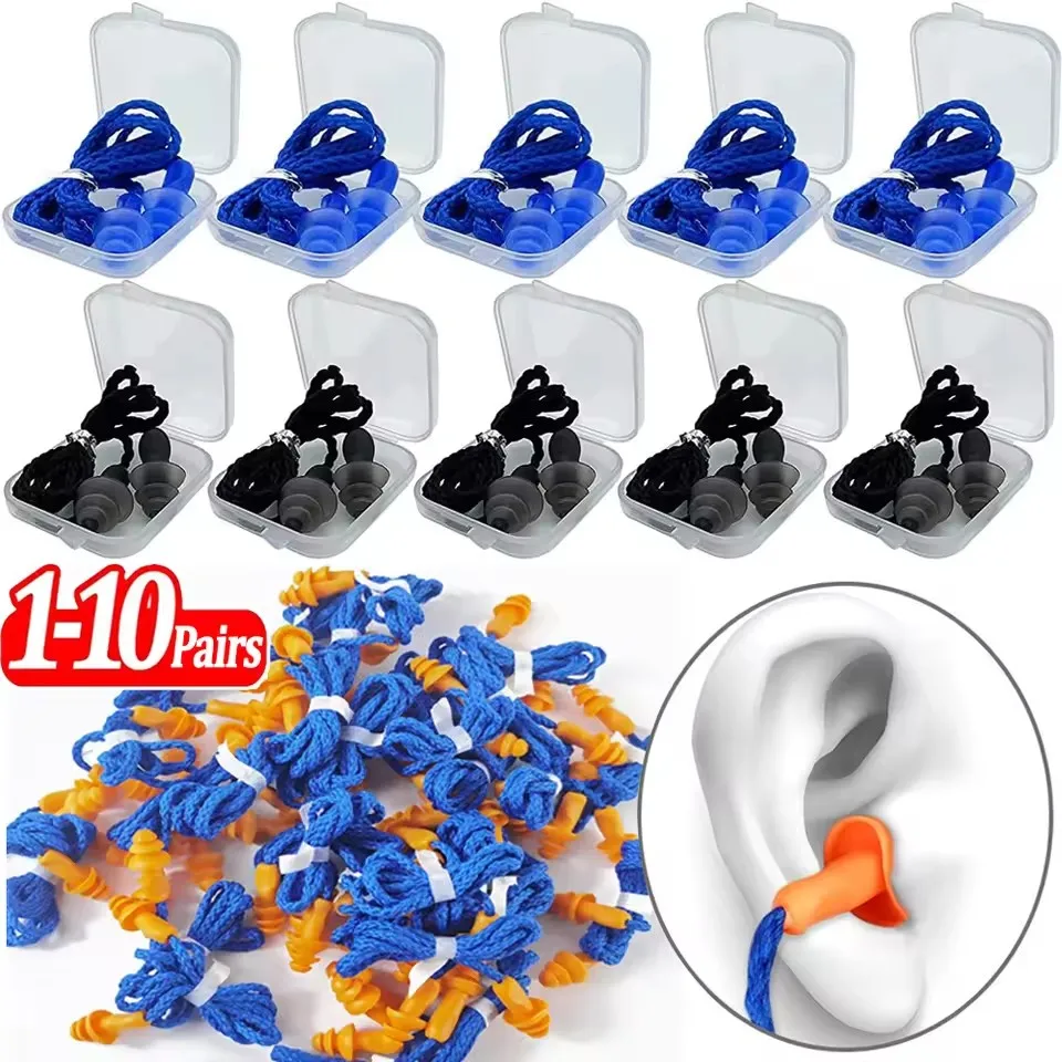 1-10Pairs Silicone Ear Plugs Noise Reduction Waterproof Earplugs with Cord Reusable Corded Earbuds for Swimming Sleeping Working