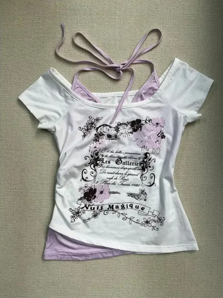 T-shirt vintage con lacci in due pezzi finti Y2k Top con stampa slim fit T-shirt da donna a maniche corte con spalle scoperte
