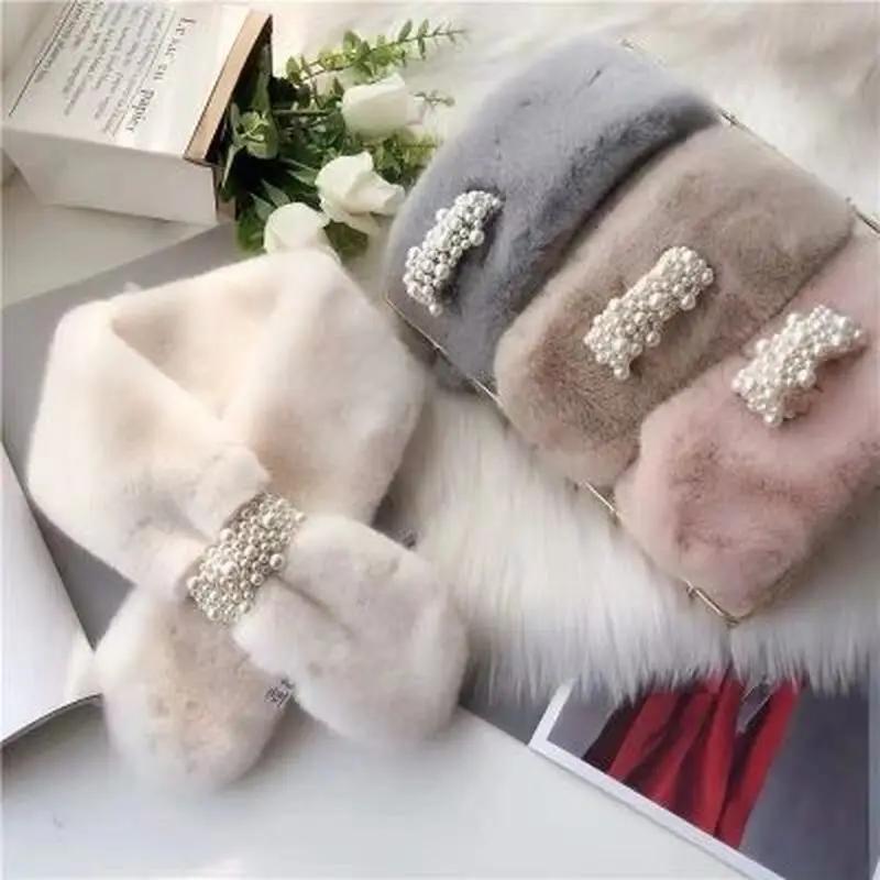 1 pz delle nuove donne sciarpa invernale finta peluche perla sciarpa pelliccia sintetica ispessimento caldo croce sciarpe stereo nuove sciarpe accessori di abbigliamento