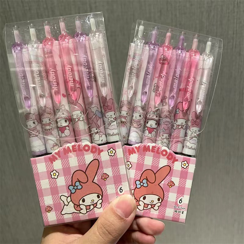 6 ชิ้น Sanrio เจลปากกาการ์ตูน Kawaii Hello Kitty Kuromi สํานักงานเครื่องเขียนการเขียนปากกา 0.5 สีดํา