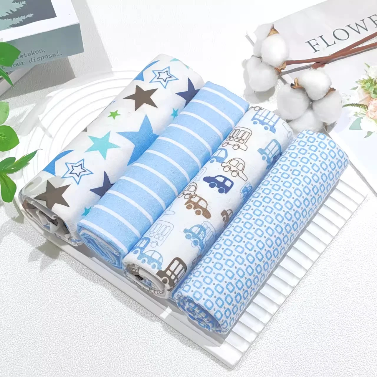 4 ชิ้น/แพ็คใหม่สีผ้าฝ้ายผ้าอ้อมเด็ก Swaddles Wrap รับผ้าปูที่นอนพิมพ์ผ้าห่มสําหรับเด็กทารก 76*76 ซม.
