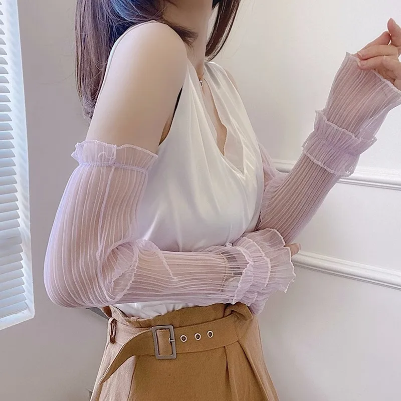 夏ロング指なし手袋女性日焼け止め袖手袋女性薄型レースメッシュアームスリーブ日焼け止め Uv 通気性ミトン