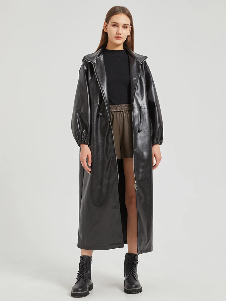 Lautaro-abrigo largo impermeable para mujer, abrigo de lluvia de cuero Pu marrón desgastado con capucha y cremallera con cordón, moda europea, primavera y otoño