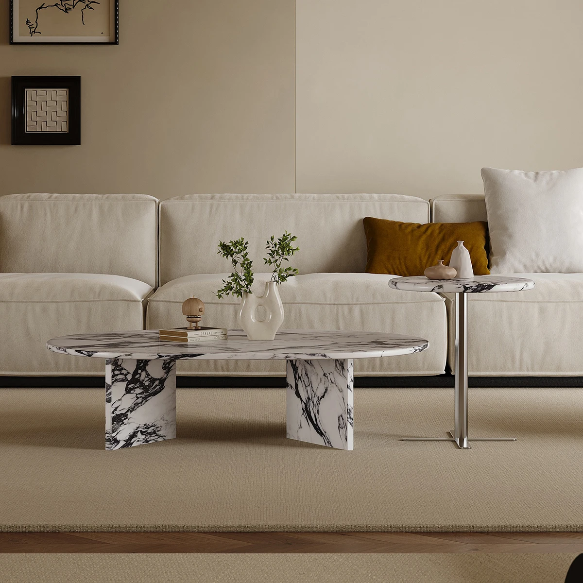 2025 mesa de centro de mármore creme francês, mesa final redonda de designer de luxo vintage para sala de estar, mesa moderna de pedra natural ​