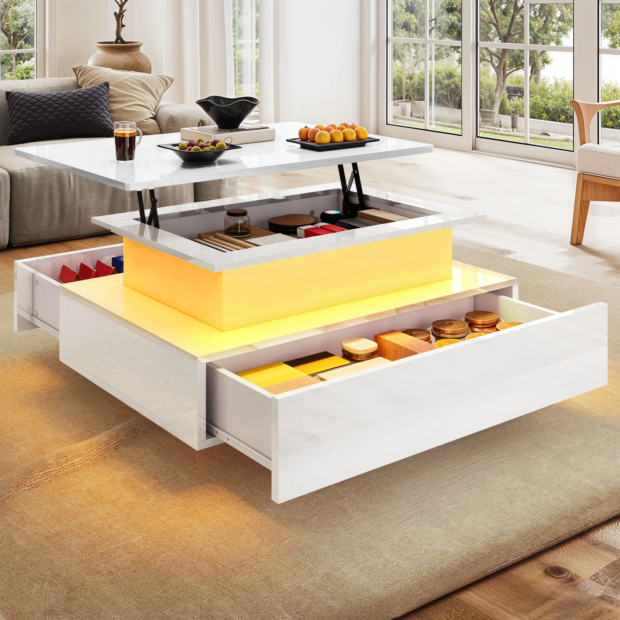 Balconera Table basse relevable – Rectangulaire moderne avec 16 LED de couleur et 2 tiroirs, surface surélevée avec éclairage