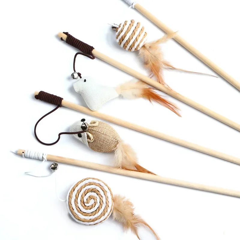 1PC Teaser Feather ของเล่นลูกแมวตลกที่มีสีสัน Rod Cat Wand ของเล่นไม้สัตว์เลี้ยงของเล่นแมว Interactive Stick สัตว์เลี้ยงแมวอุปกรณ์