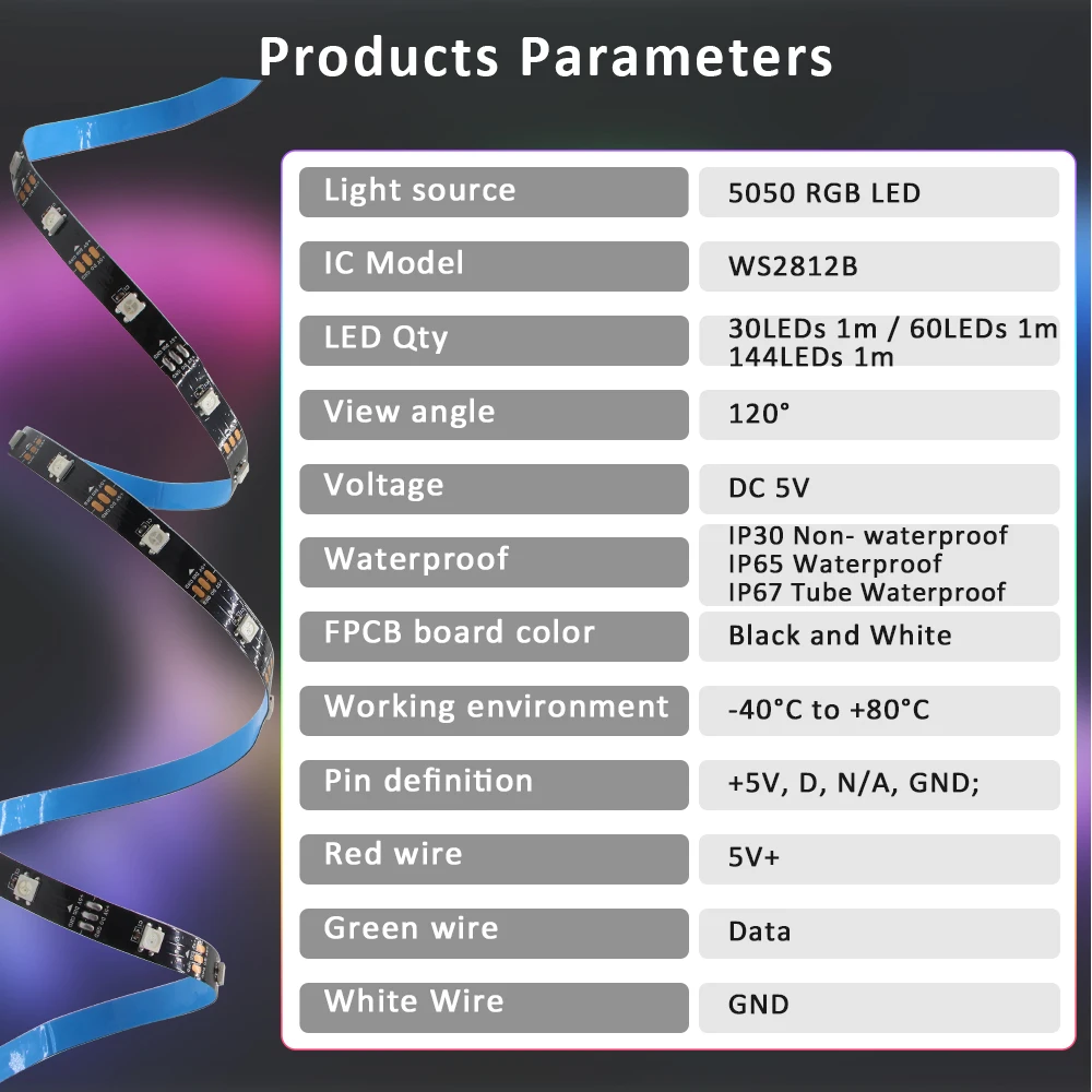 WS2812B RGBIC Striscia LED 30/60/144 led/M RGB Pixel Striscia a colori Luce Nero/Bianco PCB Impermeabile IP30 IP65 IP67 DC5V