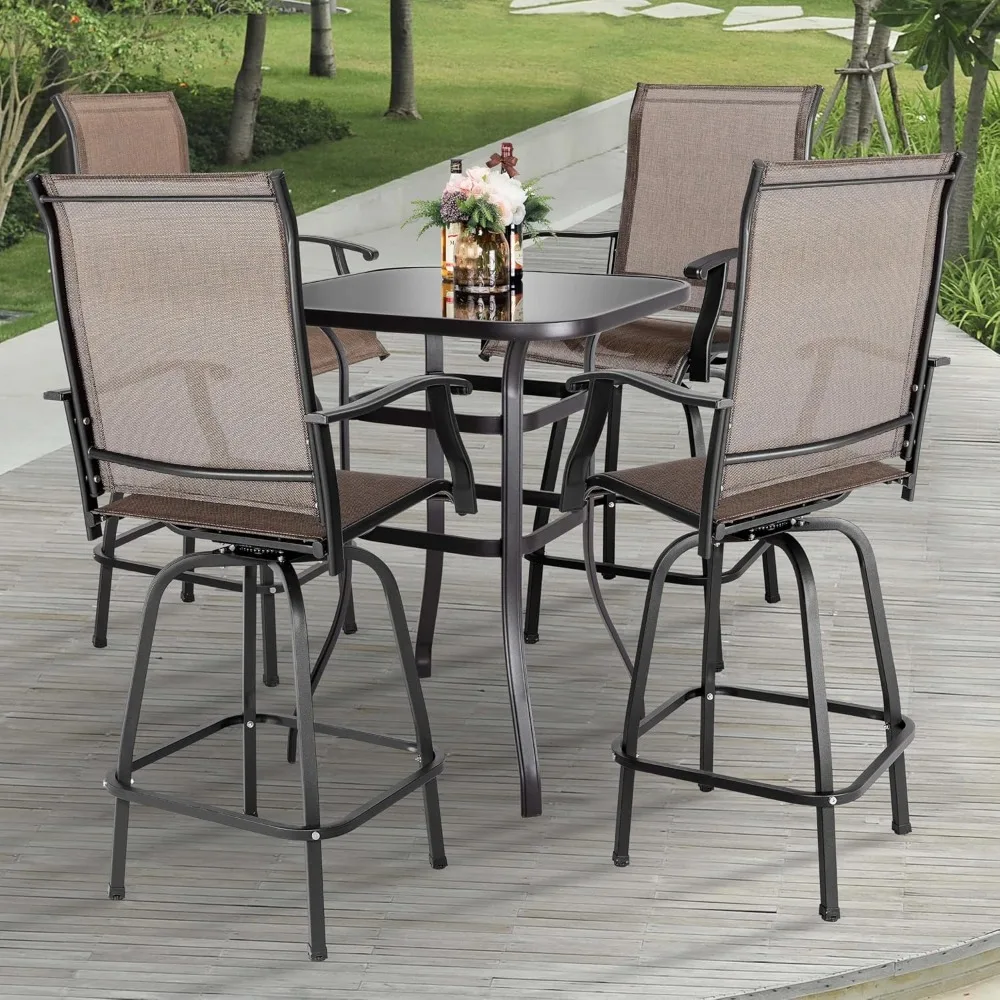 Patio Bar Set with Square Silk Screen Bar Height Glass Table and 4 Counter Textilene Height Swivel Chairs for Patio Yard,Outdoor