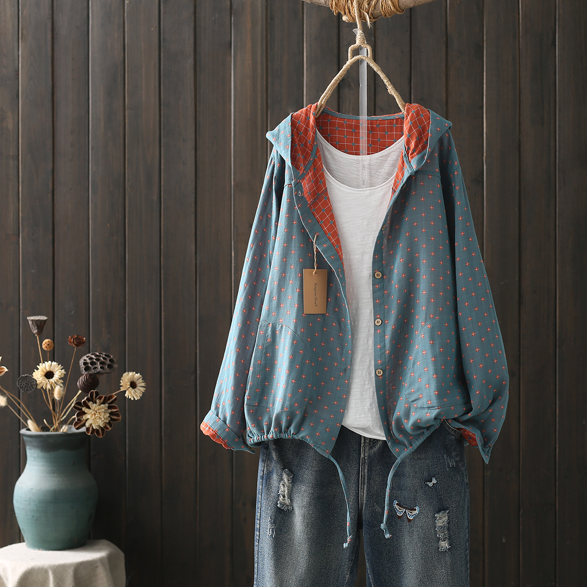 Large size blouses for women autumn spring hooded long sleeve single-breasted shirts adjustable women's clothing