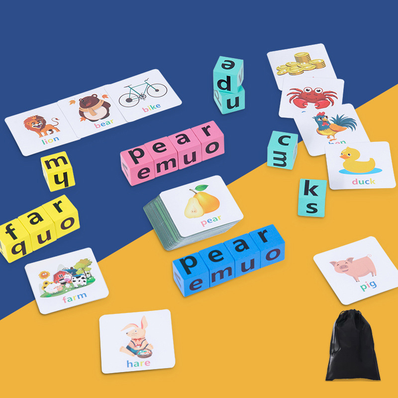 Gioco di ortografia con parole in legno, giocattolo per l'apprendimento dell'alfabeto per ragazzi e ragazze in età prescolare, lettere che leggono blocchi di costruzione con 40 carte