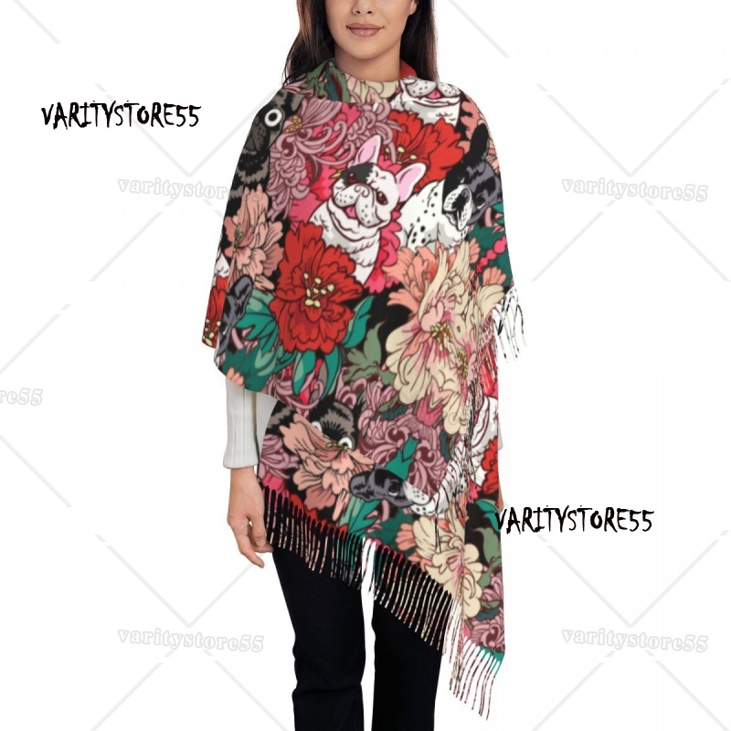 Dame große französische Bulldogge Blumen Schals Frauen Winter dicke warme Quaste Schal Wrap Frenchie Hunde liebhaber Schal