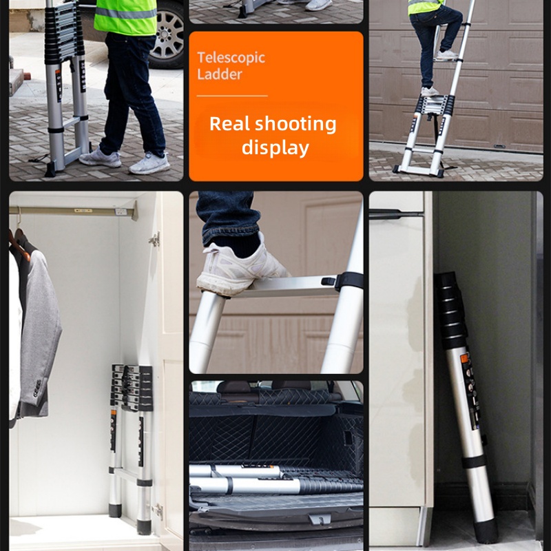 Stainless steel telescopic ladder, foldable portable vertical elevator with anti slip foot safety lock for home/commercial use