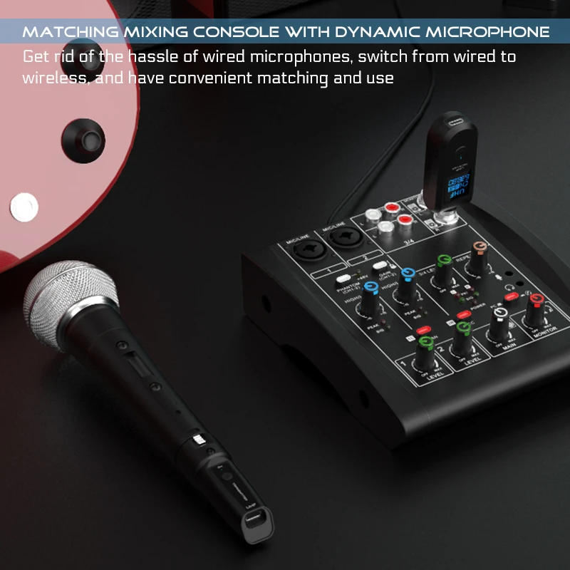 Sistema conversor de microfone com fio para sem fio, transmissor e receptor para microfone dinâmico, guitarra, mixer de áudio, sistema pa