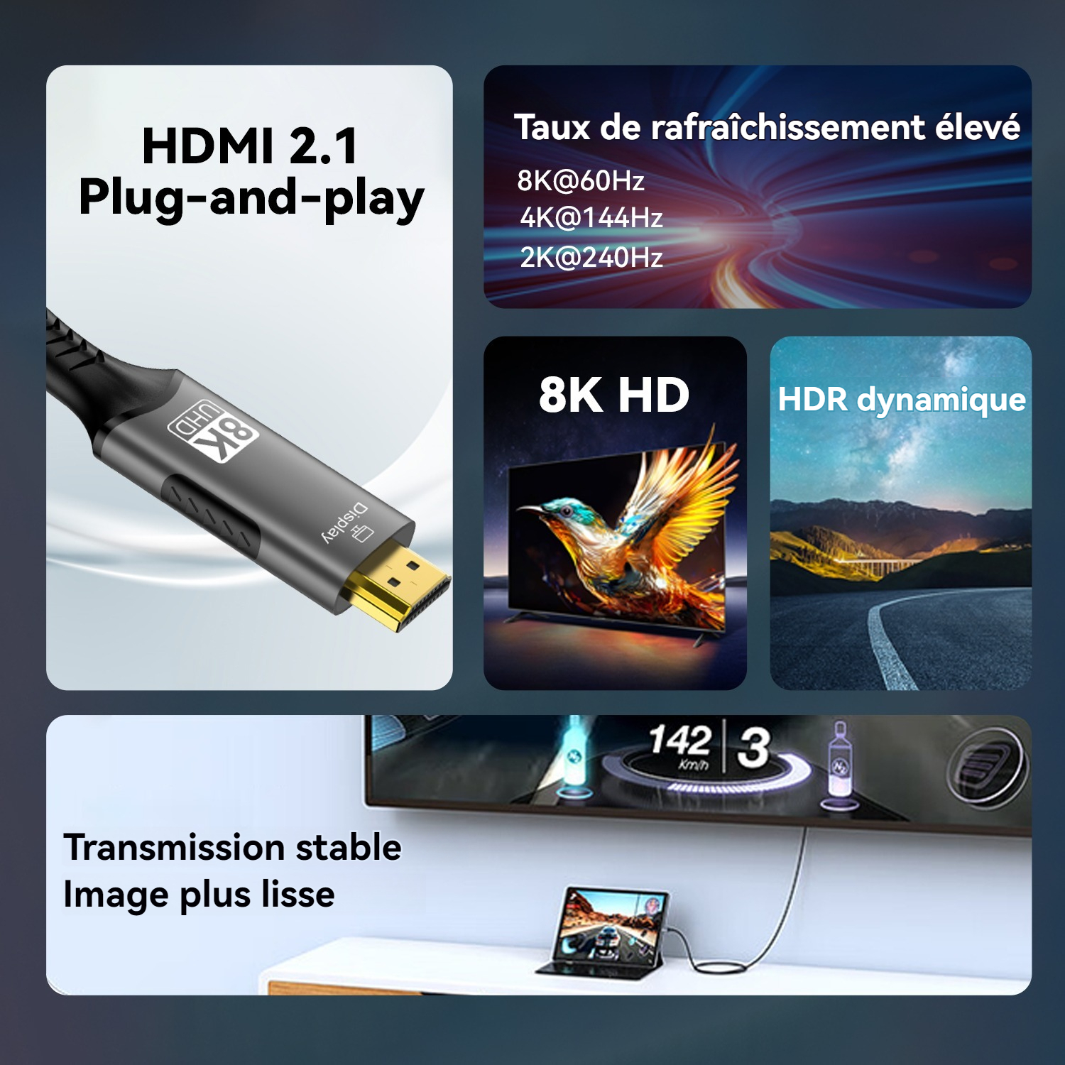 Câble USB C vers HDMI 8K @ 60Hz 4K @ 120Hz Type C vers câble HDTV compatible HDMI pour convertisseur TV MacPleAir iPad USB-C adaptateur HDMI