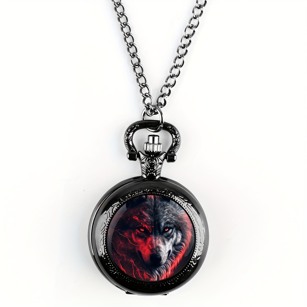 Unique Wolf Animal Pattern Quartz Pocket Watch with Black Necklace Pendant World-Time Feature, Analog Display For Women Men Kids