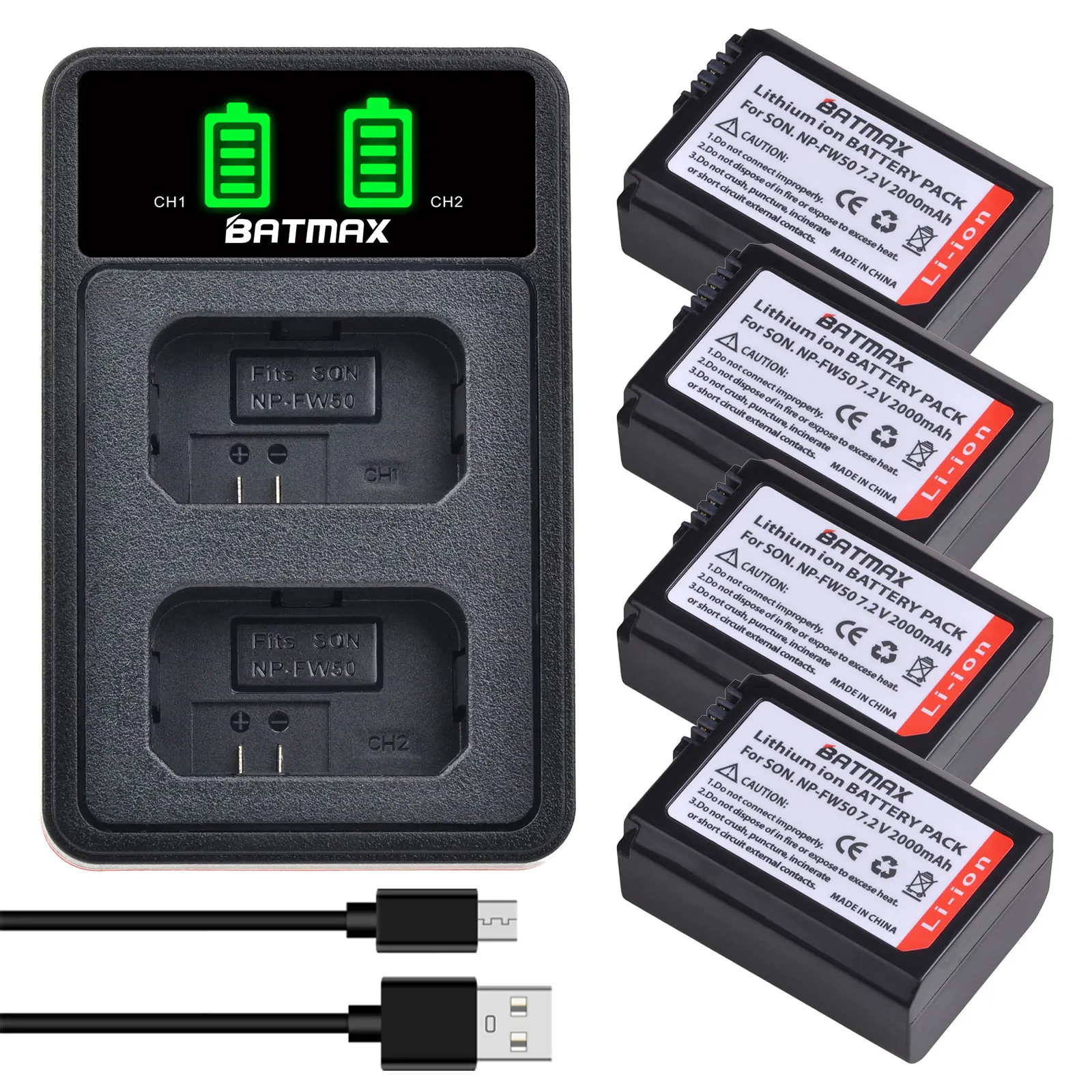 4X 2000MAh NP-FW50 NP FW50 Pin + Tặng Đèn LED USB Sạc Đôi Cho Sony A6000 A6400 A6300 A6500 A7 A7II a7RII A7SII A7S A7S2 A7R