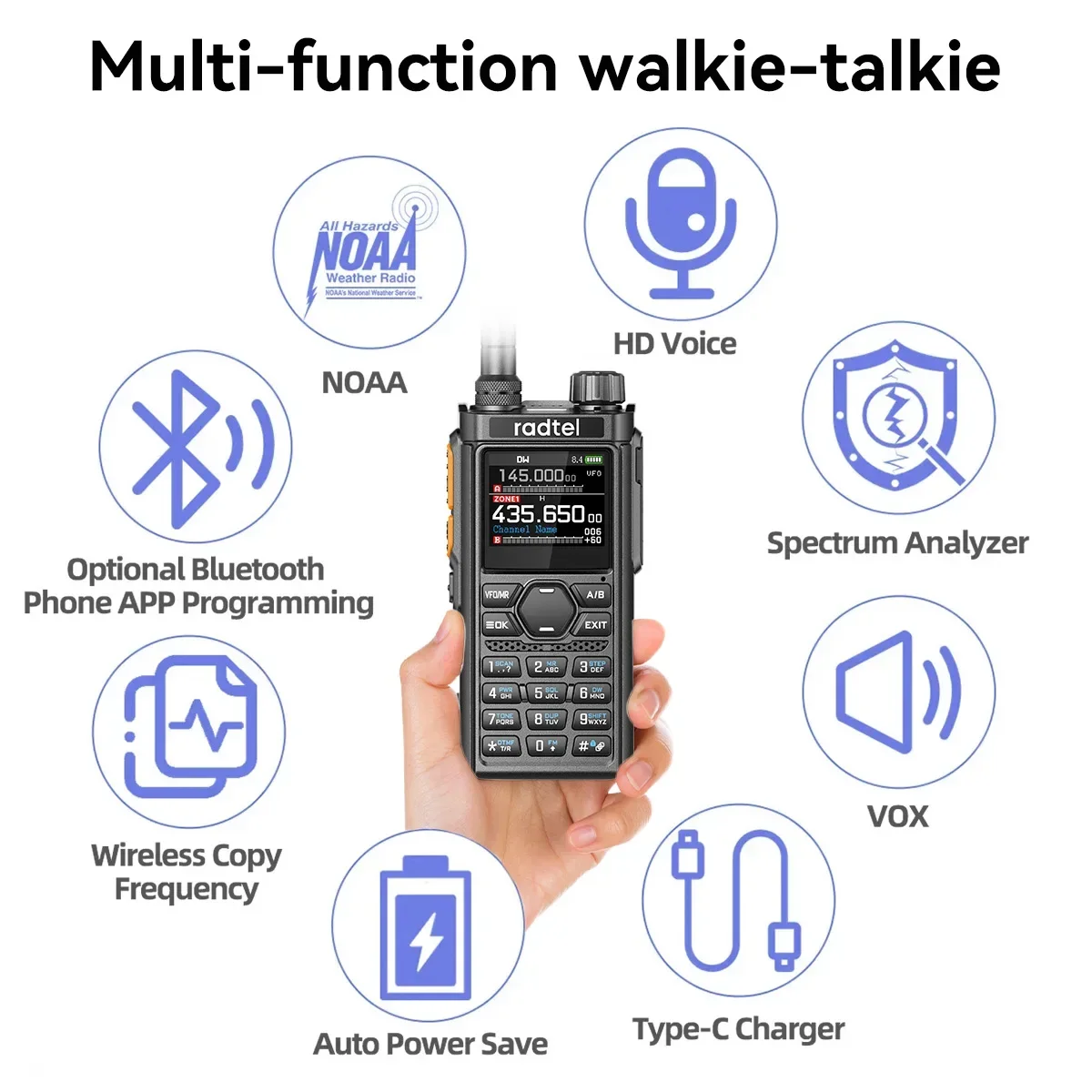 Radtel RT-910B 45-59Mhz TX RX Walkie Talkie 960 Channels, AM/FM, Air Band, Type C Spectrum with Bluetooth Noise Reduction NOAA