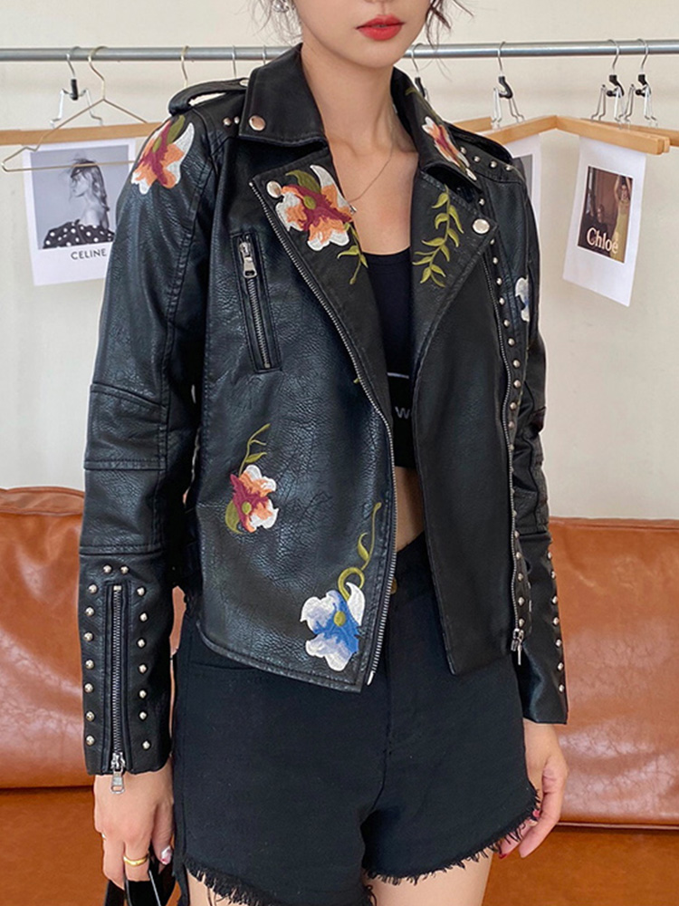 Ailegogo 女性ヴィンテージ花柄刺繍ショートブラック Pu フェイクレザージャケット春秋の女性のジッパーコートレトロ生き抜く