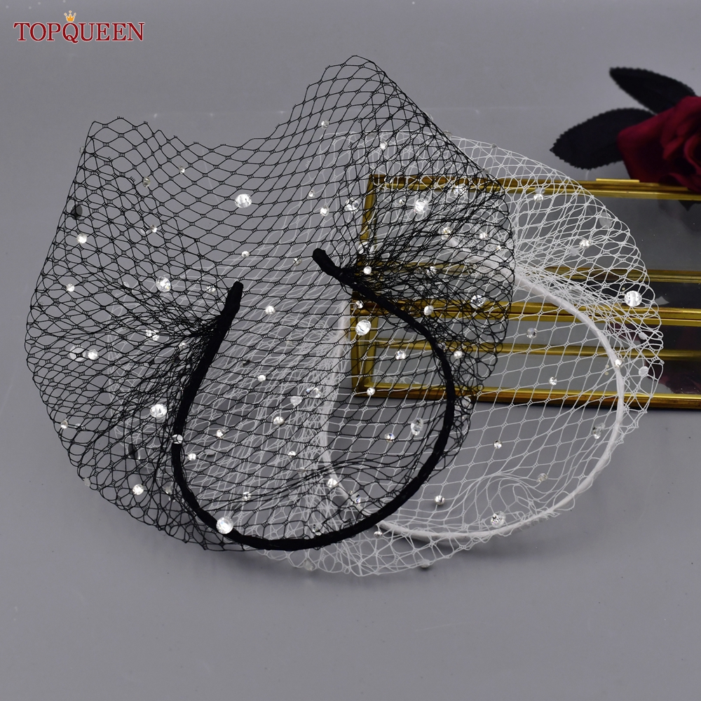 TOPQUEEN VA12 Velo da sposa a rete Stili multipli Velo da gabbia per uccelli con strass Fard staccabile Accessori per addio al nubilato