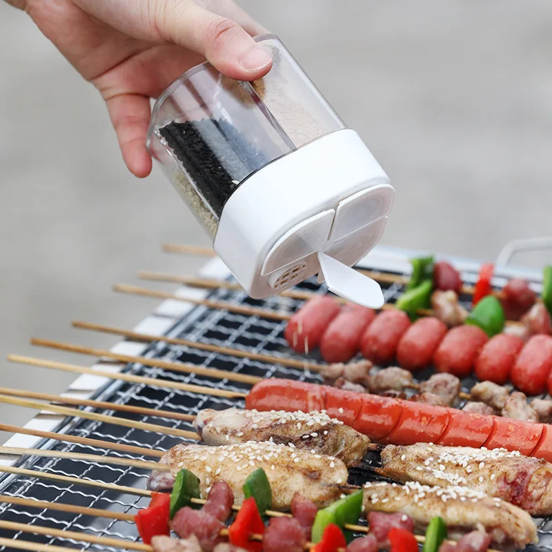 Coctelera de condimentos para acampada 4 en 1, tarro de especias multiusos con tapa, 4 compartimentos para barbacoa al aire libre, caja de almacenamiento de sal y pimienta