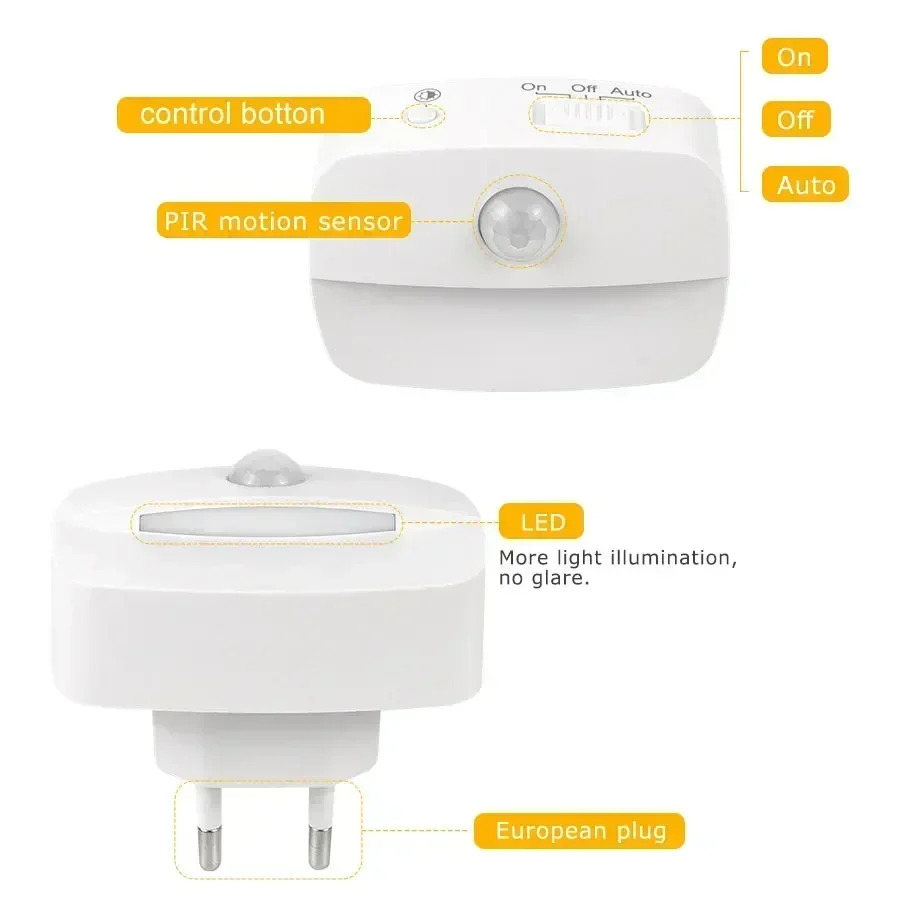 Luz LED nocturna con Sensor de movimiento, lámpara de inducción humana PIR con enchufe de temperatura de 3 colores para dormitorio, WC, pasillo, escalera, lámpara de emergencia