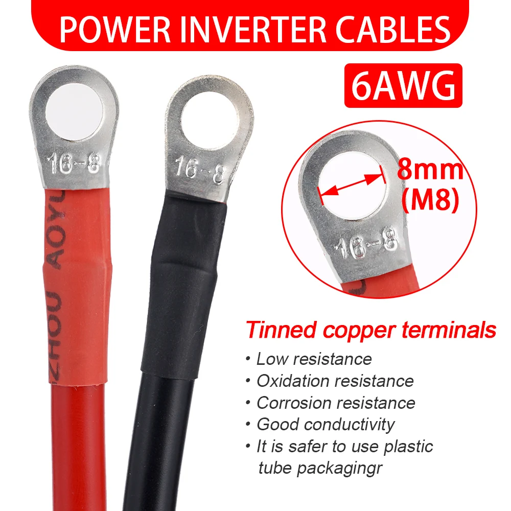 Batterie-Wechselrichter-Verbindungskabel-Set mit Anschlüssen, 6 AWG, 50 cm PVC-Draht, gesträhter roter Kupferkern, verzinnter Öse